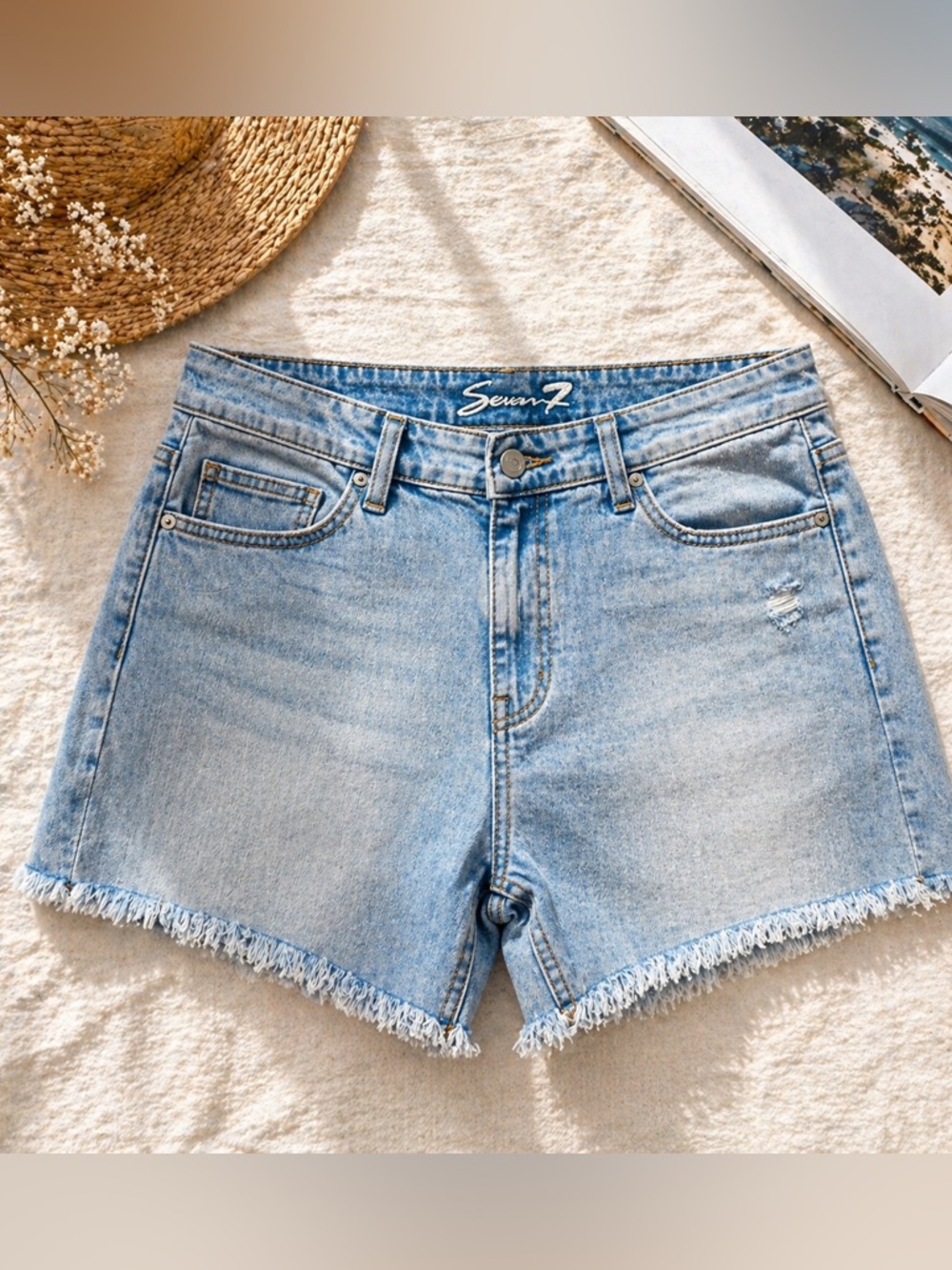 Seven7 Sunset Bermuda Denim Shorts Women’s 14 Light Wash Distressed Raw Hem
